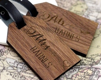 Honeymoon Luggage Tags, Walnut Wood Luggage Tags, Personalised Luggage Tag, Mr Mrs Luggage Tags, Personalized Walnut Mr & Mrs Luggage Tags