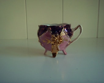 Hand painted Antique German Lusterware Molded Demitasse Footed Tea Cup, Pink and Purple Luster with Gold Detail