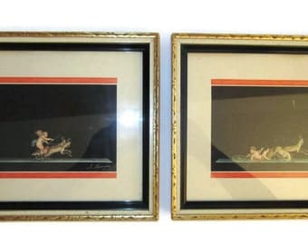 Vintage Pair Italian Gouache Paintings Pompeian Putti Cherubs With Chariot & Deer Frieze A. Bisogno Signed Diptych Set of Two 9x7.5