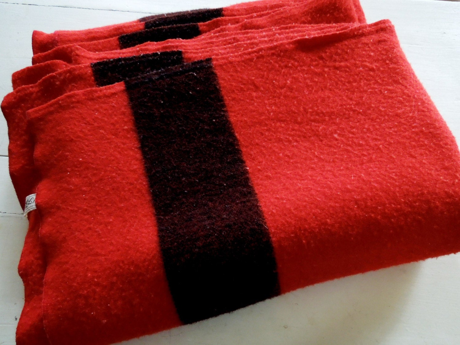 Wool blanket vintage bedding red black throw LL by GUTTERSNIPES