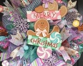 Ready to ship!! Gingerbread mesh wreath,Whimsical Christmas Wreath,Gingerbread decor,Candyland wreath,Christmas wreath,Christmas deco mesh