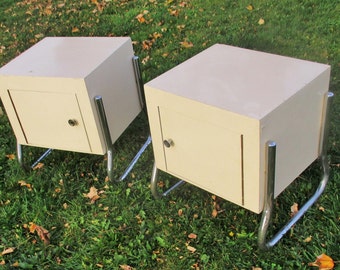 Bauhaus Industrial pair White Wood chrome Cabinet Nightstands Night Stand