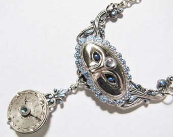 Steampunk Masked Pendant Necklace with Vintage Silver Engraved Watch Dial PN32