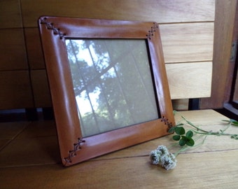 Leather frame. Square. Photo frame. With decorative hand sewing. For photo 6x6 inches (15x15 cm). Desk accesory. Light brown.