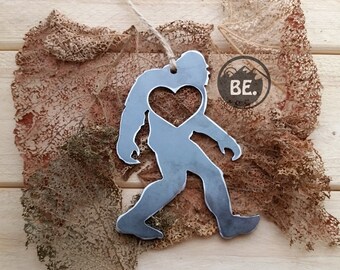 BigFoot Sasquatch Rustic Christmas Ornament Metal Yeti Heart Christmas Tree Decoration Holiday Gift Industrial Decor Wedding By BE Creations