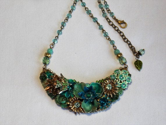 Collage Necklace with Blue and Green Flowers Rhinestones and