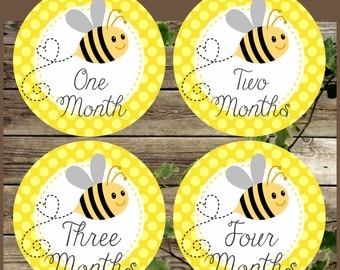 Baby Month Stickers, Printable Bee Baby Monthly Stickers, Instant Download, Printable Transfer on Iron, Baby 12 Months, Yellow Bee Stickers