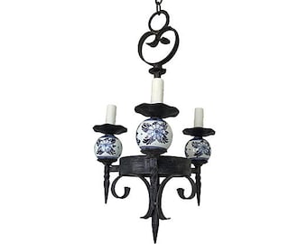 1930s French Iron & Porcelain Chandelier