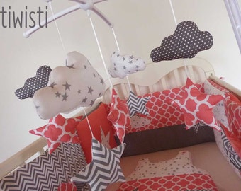 Musical Mobile for baby, coral, gray and white, pattern stars and clouds