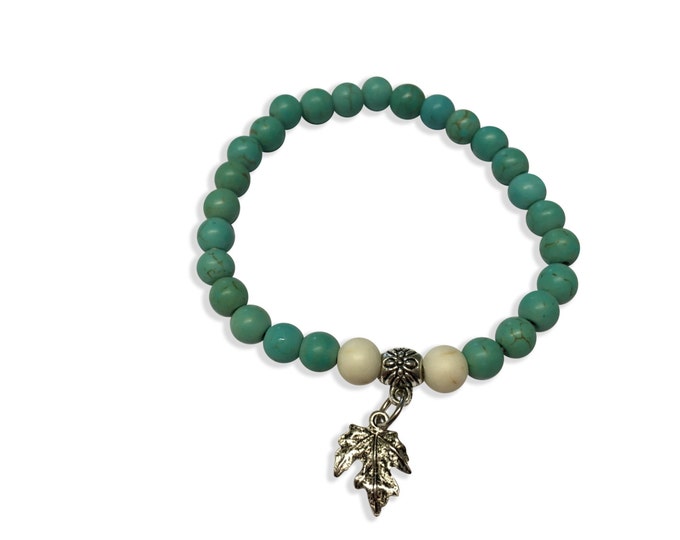 Turquoise Bracelet, Leaf Bracelet, Turquoise Cuff Bracelet with Leaf, White Beads