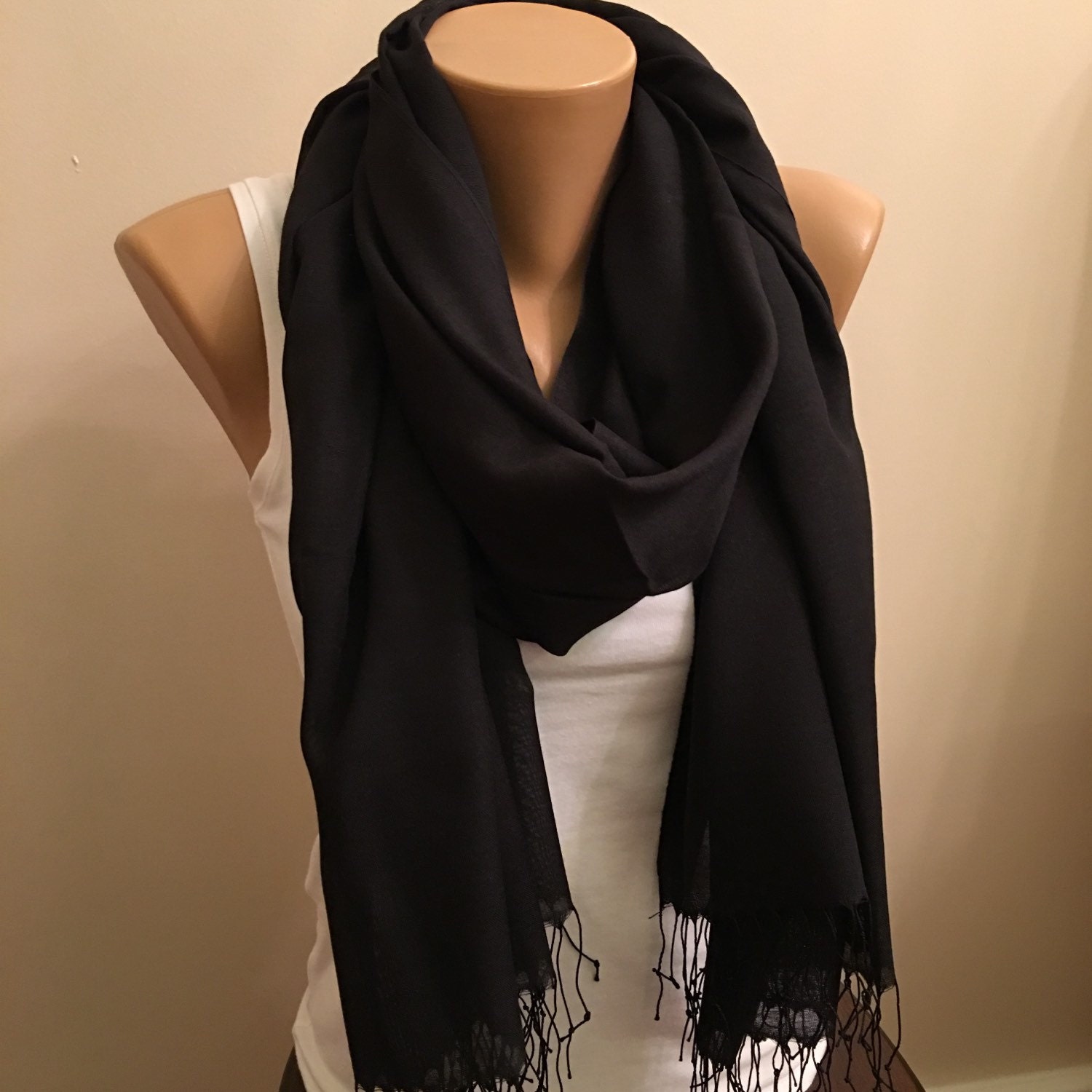50 SalePashmina Black ScarfBlack Fringed by EcoScarvesDesign