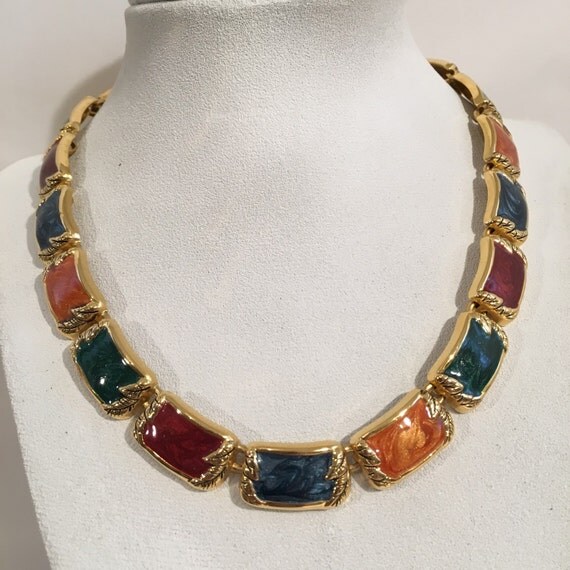 Vintage Multi Color Enamel Link Chain Necklace Gold Tone