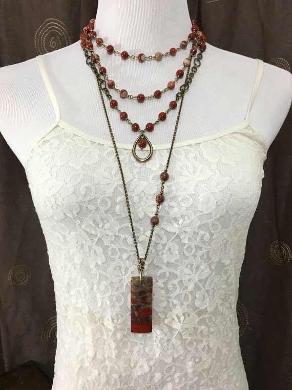 Red Layered Necklace Set Earthy Red Multiple Strands