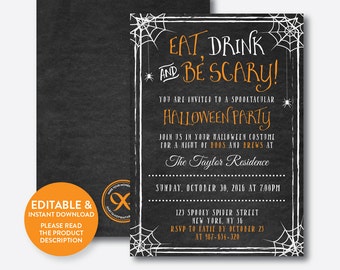 Instant Download, Editable Halloween Invitation, Eat Drink And Be Scary Invitation, Halloween Party Invitation, Chalkboard (CHI.12)