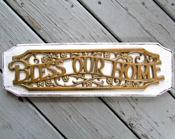 Shabby Wood and Brass Bless Our Home Vintage Sign Plaque