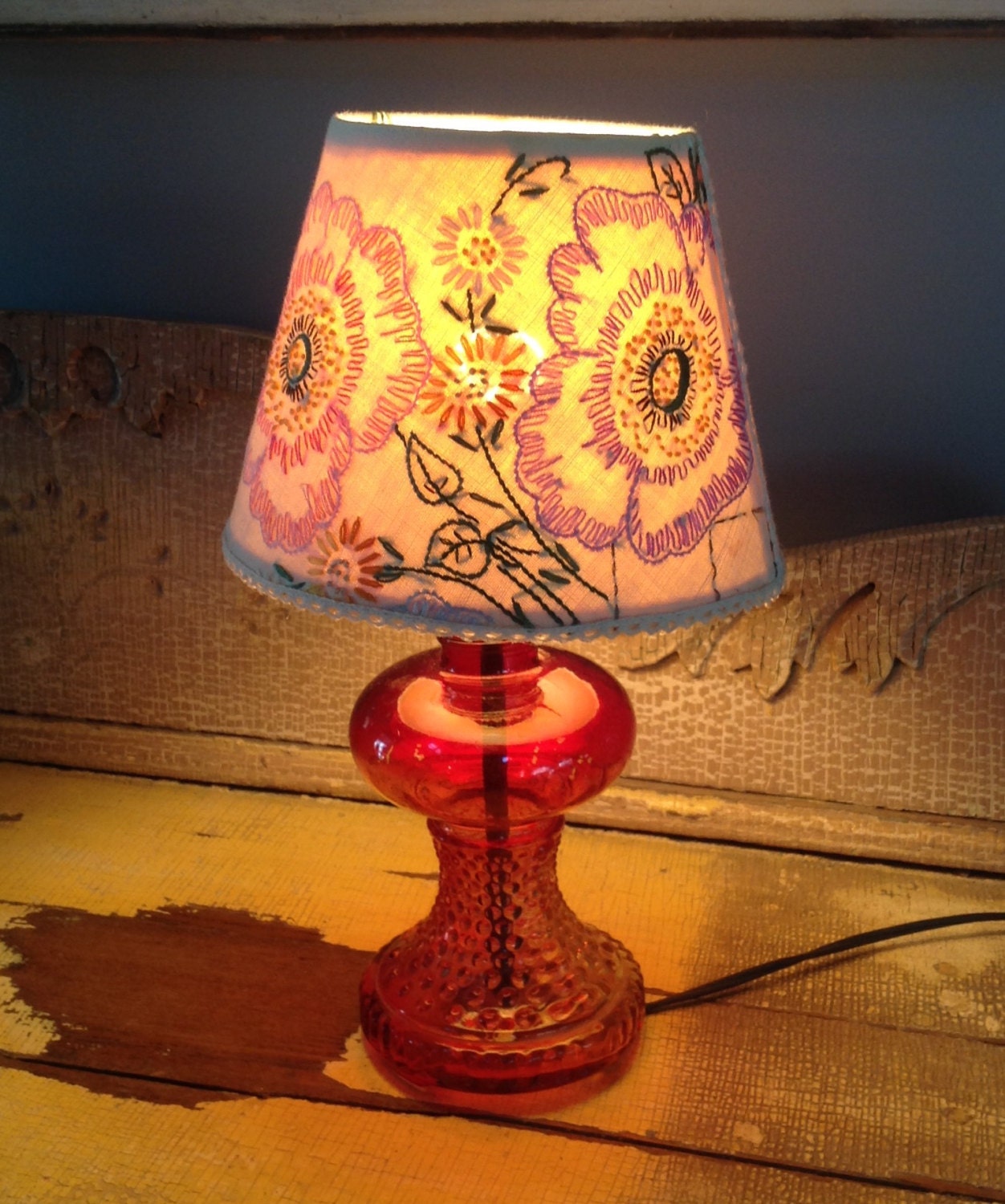 Vintage red glass table lamp with shade / midcentury by mitch117