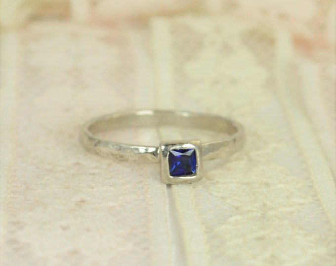 Square Sapphire Engagement Ring, 14k White Gold, Sapphire Wedding Ring Set, Rustic Wedding Ring Set, September Birthstone, Solid Gold