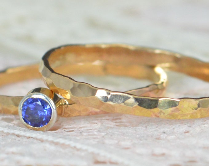 Sapphire Engagement Ring, 14k Rose Gold, Sapphire Wedding Ring Set, Rustic Wedding Ring Set, September Birthstone, Solid 14k Sapphire Ring