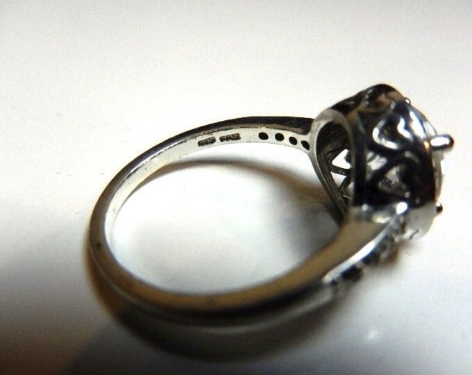 Storewide 25% Off SALE Vintage Sterling Silver Round Brilliant Cut Ladies Engagement Ring Featuring Baguette Accented Design Finish