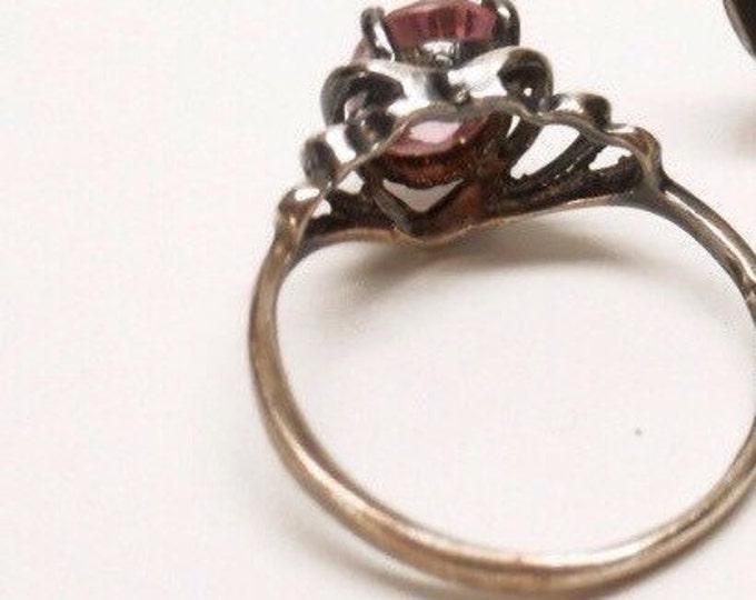 Storewide 25% Off SALE Beautiful Vintage Silver Tone Faceted Rose Pink Featured Cocktail Ring With Layered Crescent Trim Design