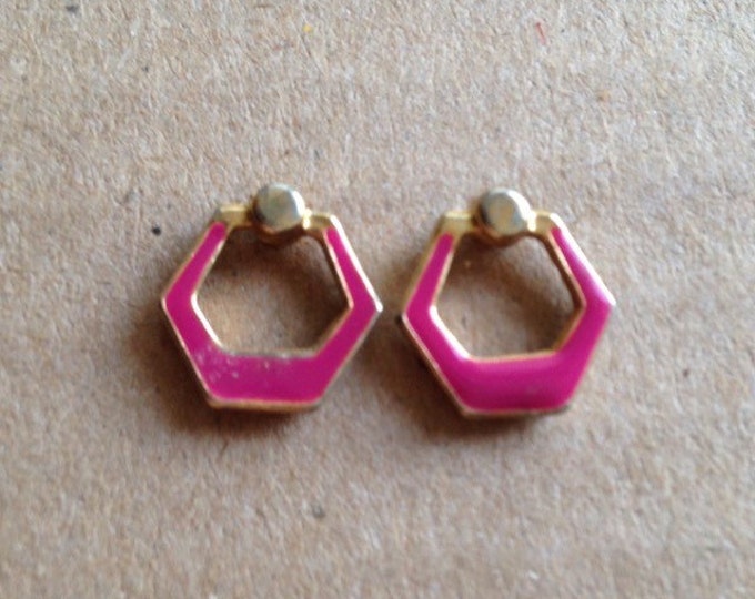Storewide 25% Off SALE Vintage Gold Tone Pink Enamel Geometric Designer Pierced Earrings Featuring Petite Style Design