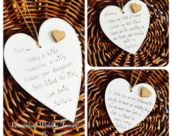 Personalised Wooden Heart Plaques Wedding Favours Bridesmaid Gift Flowergirl Gift Mother of the Bride Shabby Chic Style, ANY TEXT