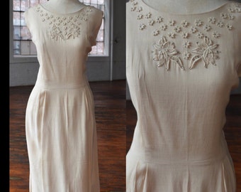 40s Linen Floral Applique Sleeveless Dress