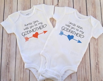 Auntie, Will You Be My Godmother? Uncle, Will You Be My Godfather Personalized Heart Arrow Baby Newborn Bodysuit Godparents