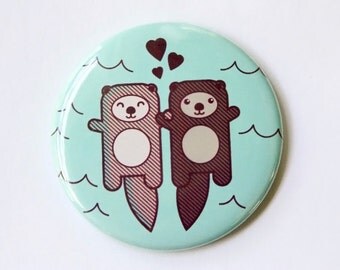 Otters Refrigerator Magnet, Pin, or Pocket Mirror - love or engagement gift, otters holding hands, fridge magnet, nerdy gift, party favor