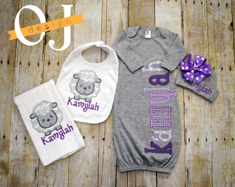 Personalized Baby Girl Gift Set - Newborn Gift Set - Infant Gown - Newborn Hat - Bib - Burp Cloth - Baby Shower - Gray Purple Lamb