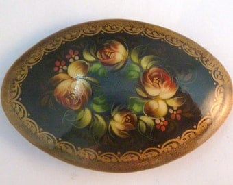 Vintage Floral Design Hand Painted Russian Lacquer Brooch.
