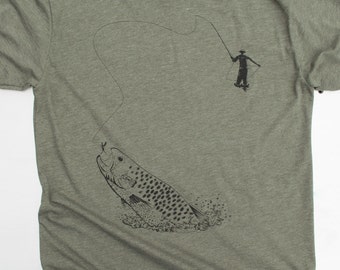 Fly Fishing shirt, fishing clothes, fish art on american apparel poly/blend. color: heather lieutenant. s,m,l,xl,xxl. free shipping in US.