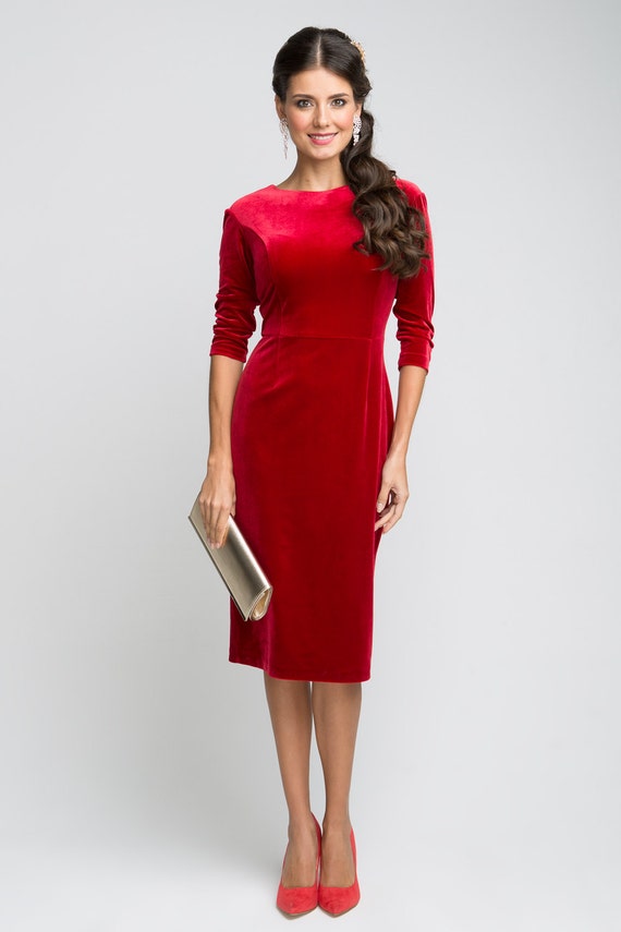 Occasion Red Velvet Dress.Party Bodycon MIDI Dress.Fitted