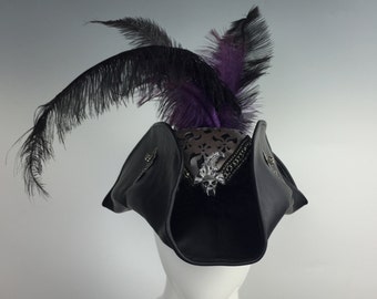 Leather Venetian Tri-Cornered / Tricorn / Pirate Hat w Hand Sculpted Vampire Skull & Embellishments
