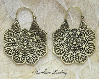 Tribal Brass Earrings, Brass Hoop Earrings, Lotus Flower Earrings, Brass Tribal Earrings, Gypsy Hoop Earrings, Boho Brass Mandala Earrings