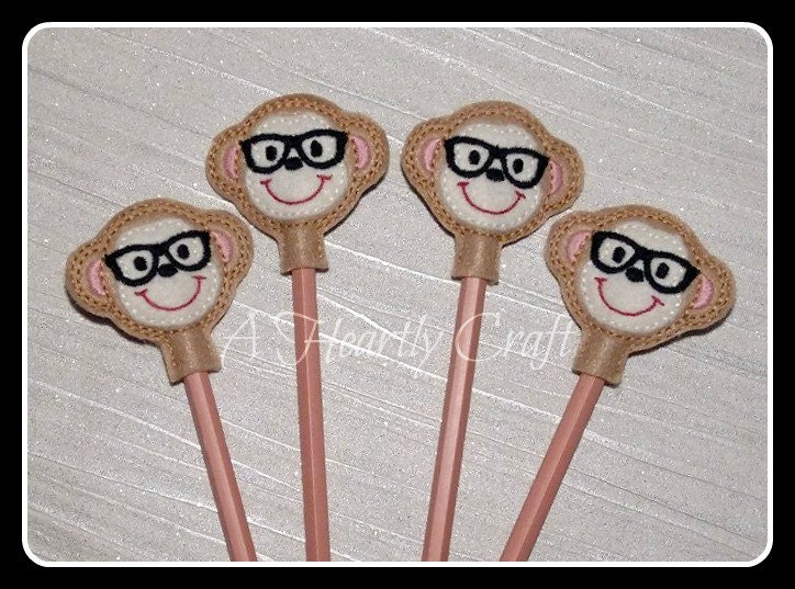 Felt Monkey Pencil Topper WITH PENCIL Handmade Embroidered
