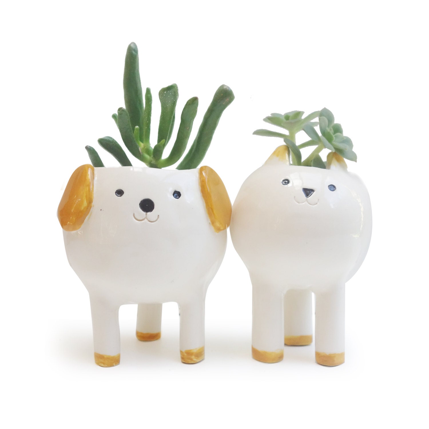 Cute Cat  and Dog Planters Pair of Desktop Plant Pots White