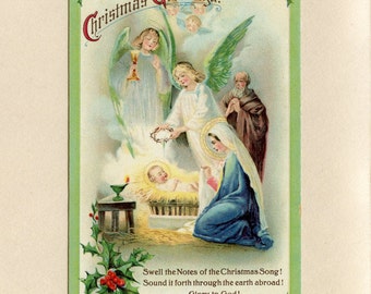 Vintage Christmas Postcard Angels in Manger with Baby Jesus on Straw Bed Nativity Scene With Verse Samuel Gabriel Company Used ~ 6939Pb