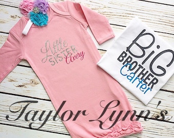 Big brother little Sister set, big bro shirt, little sister gown, sibling set, going home gown, baby girl gown