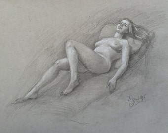 Nude Female Model lying down. Original Graphite Life Drawing. Figure Sketch by Yana Golikova Wall decor