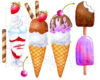 Watercolor ice cream clipart, Ice crean clipart, Colorful ice cream clip art, Ice cream illustration, Food clipart, Ice cream party clipart