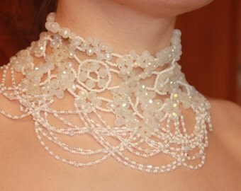 Fringe Wedding Necklace Bohemian wedding evening necklace bead lace Shoulder Necklace Statement Choker White Wedding Choker Wide Choker
