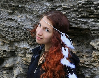 Wedding White Boho Feather Headband Tribal Native American Leather Hair Jewelry Hippie style Feather headpiece costume Festival gift for her