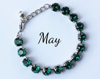 May Birthstone Bracelet - 8mm Green Emerald Swarovski Crystal Bracelet