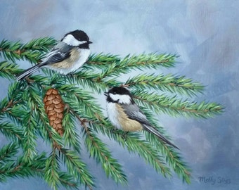 Pair of Chickadees - Chickadee - Bird painting - Black capped chickadee - Open edition print