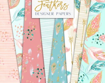 Feathers Arrows Digital Papers | Hand Drawn glitter feathers seamless pattern designs | graphics resources, printable, web design background