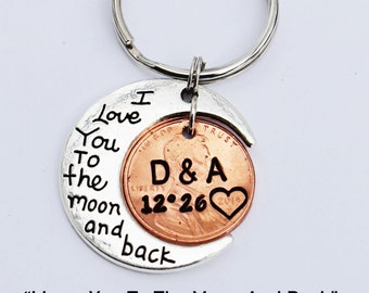 I Love You To The Moon And Back Keychain with penny, Anniversary gift, Boyfriend, girlfriend, husband ,Anniversary gift, moon keychain,Moon