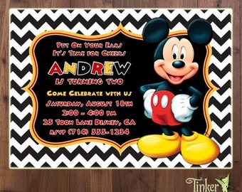 Mickey Mouse Birthday Party Invitation - Digital File - Choose from 3 backgrounds - Mickey Mouse Invite - polka dots - chevron - Classic