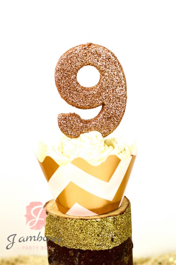 3 Glitter Rose Gold Number 9 Birthday Candle by JamboreePartyBox