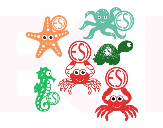 Download Sea Creatures svg monogram set Crab Octopus Turtle